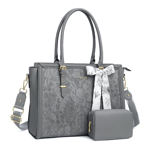 MOSISO Laptop Bag for Women, 17-17.3 inch PU Leather Tote Bag Compatible with MacBook, HP, Dell, Asus Notebook, Front Embossed Retro Hibiscus Computer Bags with Silk Scarf&Clutch Purse, Gray - color: Gray, size: 17.3 inch
