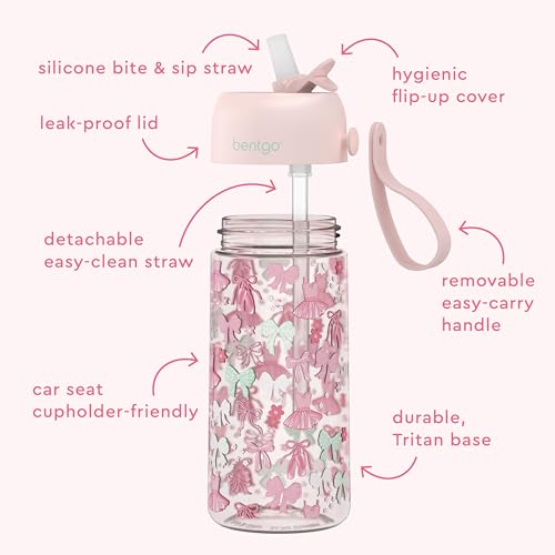 Bentgo Kids Water Bottle - Leak-Proof, Durable Tritan PFAS- & BPA-Free 15 fl oz, Kids/Toddlers Ages 3+ for School & Sports; Bite & Sip Spout, Carrying Handle, Dishwasher Safe (NEW Ballet & Bows) - color: Ballet and Bows