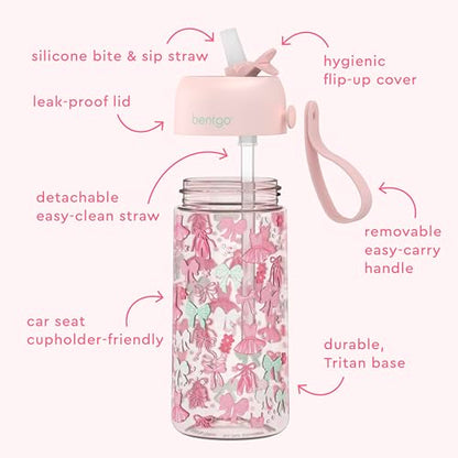 Bentgo Kids Water Bottle - Leak-Proof, Durable Tritan PFAS- & BPA-Free 15 fl oz, Kids/Toddlers Ages 3+ for School & Sports; Bite & Sip Spout, Carrying Handle, Dishwasher Safe (NEW Ballet & Bows) - color: Ballet and Bows
