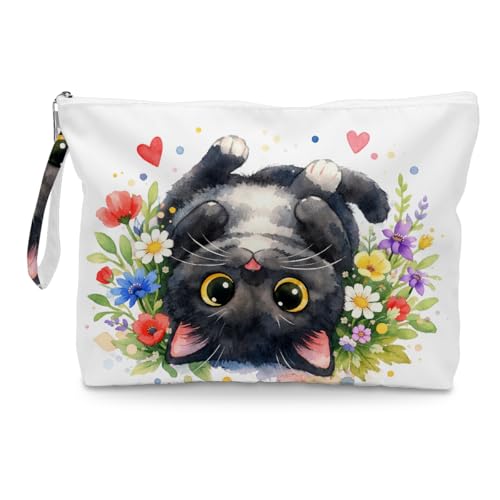 Fokongna Black Cat Print Wet Bag, Small Portable Waterproof Multi-Functional Organizer for Women,Multicolor Floral Heart Black Cat，Ideal for Daily, Beach & Travel - color: Multicolor Floral Heart Black Cat