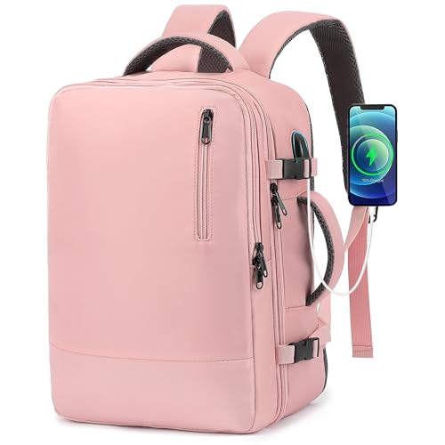 TANTOMI Small Travel Backpack for Women, 15.6 Inch Laptop Backpack Flight Approved, Carry-On Bags with USB Charging Port & Shoe Pouch, Casual Daypack on Airplane for Weekender Work Business, Pink - color: Pink