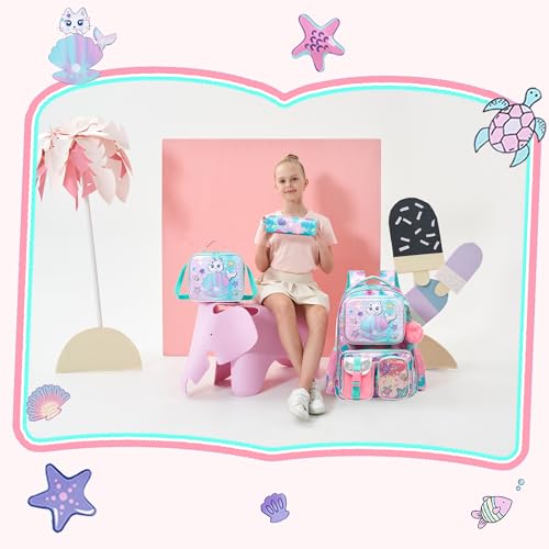 Meetbelify Cute Cat Backpacks for Girls School Backpacks for Elementary Students Ages 8-10 Kids Aesthetic Travel Backpack Large Capacity Laptop Bookbag with Lunch Box 3 in 1 Backpack Set for Girls - color: 04 Girl