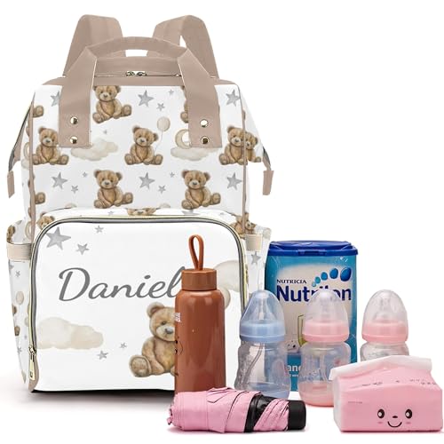 Bear Custom Name Diaper Bag Large Khaki and Brown Monogram Diaper Bag Nappy Backpack for Boys, Large Storage Adjustable Mom Bags Backpack (Bear) - color: Bear