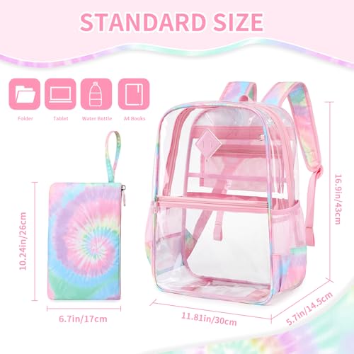 MUSEVOS Clear Backpack for School, Heavy Duty PVC Transparent Bookbag for Girls Stadium Approved See Through Backpack, Pink Tie-Dye - color: Pink Tie-dye