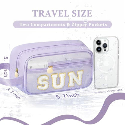 COSHAYSOO Clear Sunscreen Bag Makeup Toiletries Pouch Beach Vacation Essentials Summer Travel Stuff Accessories Personalized Graduation Gifts for Her Women College Teen Girls Teacher Nurse Purple SUN - color: Purple-SUN