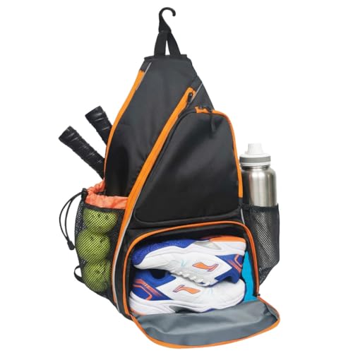 Pickleball Sling Bag with Shoe Compartment - Crossbody Backpack Fits 2 Paddles, 32oz Bottle & Fence Hook, Sports Bag for Men & Women (Shoe Limit: up to US Men's 10 / Women's 11.5) - color: Black/Amber