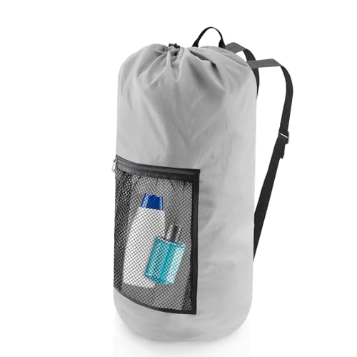 Olosar Laundry Bag Backpack, Extra Large Travel Laundry Bag with Mesh Pocket & Adjustable Shoulder Straps,Dirty Clothes Travel Bag for College Students Dorm,Apartment(Light Gray) - color: Light Gray, size: 1Pack