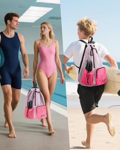 WANDF Swim Bag for Swimmers, Mesh Beach Backpack - color: Light Pink With 2 Front Pockets, size: Large