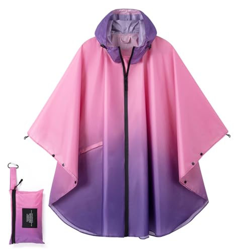 Fashion Hooded Rain Poncho Waterproof Raincoat Jacket with pocket for Women/Men/Adult - color: Gradient Pink/Purple