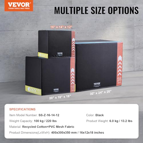 VEVOR 3 in 1 Plyometric Jump Box, Cotton Plyo Box, Platform & Jumping Agility Box, Anti-Slip Fitness Exercise Step Up Box for Home Gym Training, Conditioning Strength Training, Multiple Sizes, Black - size: 16"x14"x12"