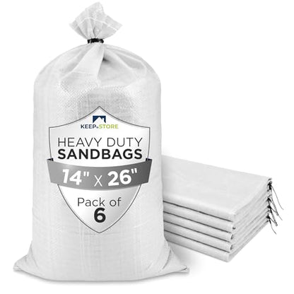 Heavy Duty Sand Bags Pack of 6, White Empty Sandbags with Built-In Ties, Woven Polypropylene UV Protection 1600 Hours, Fillable Bags for Flood Control, Weight, 14x26 inches, 50 Pounds Volume - size: 14"W x 26"L, style: Pack of 6