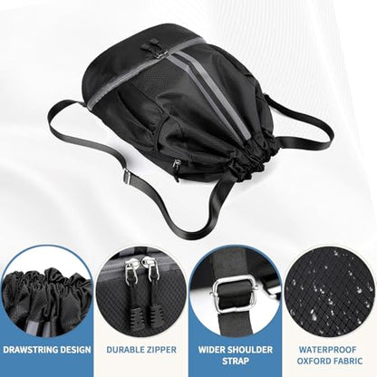 Drawstring Backpack Gym Bag with Shoe Compartment - Ideal for Basketball, Swimming, Beach Activities, Unisex - color: Black