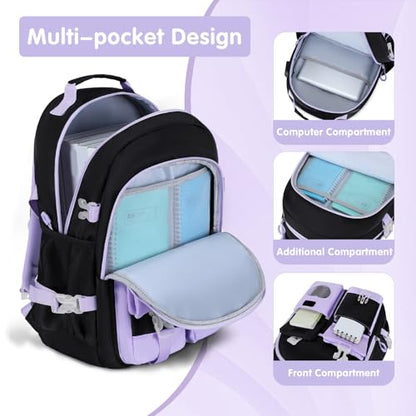 ACESAK Backpack for Girls - Bookbag Backpacks Schoolbag for Girls Kids Teen Women Casual Travel Daypacks - School Bag Elementary Middle School College Cute Backpack with Lunch Box (Purple Black) - color: Purple Black