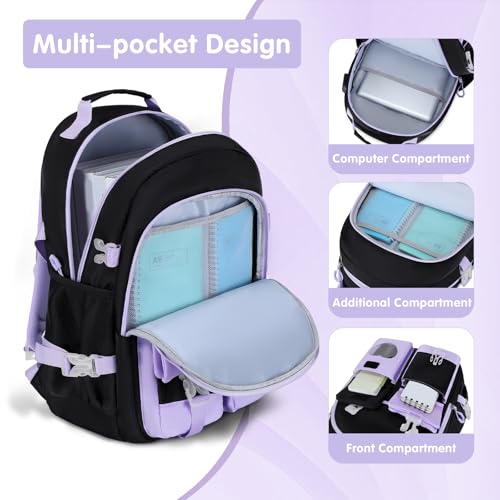 ACESAK Backpack for Girls - Bookbag Backpacks Schoolbag for Girls Kids Teen Women Casual Travel Daypacks - School Bag Elementary Middle School College Cute Backpack with Lunch Box (Purple Black) - color: Purple Black