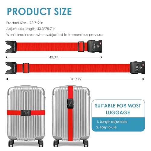 Travel Inspira Luggage Straps for Suitcases with TSA Lock, Protect Your Luggage Anti-Burst, High Visibility Color, Easy to Identify Luggage Adjustable Heavy Duty Belt for 20-28 Inch Suitcases - color: Apple Red