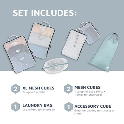 Large Packing Cube Set with See Through Mesh- Compression Packing Cubes Travel Organizers by TRIPPED Travel Gear (Dusty Teal) - color: Dusty Teal