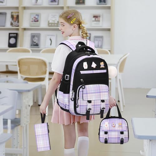 FIXITOK 3PCS School Backpack for Girls, Girls Backpack with Lunch Box, Pencil Case, Cute Kawaii Plaid Book Bag for Teen Girl Kindergarten Elementary Preschool Middle High School, Black Purple - color: Black Purple