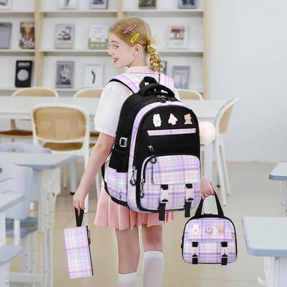 FIXITOK 3PCS School Backpack for Girls, Girls Backpack with Lunch Box, Pencil Case, Cute Kawaii Plaid Book Bag for Teen Girl Kindergarten Elementary Preschool Middle High School, Black Purple - color: Black Purple