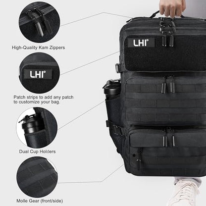 LHI Tactical Military Backpack for Men and Women 25L/35L Army Assault Pack Bag Small Rucksack with Bottle Holder - color: 50l-shoe Compartment(black), size: Large