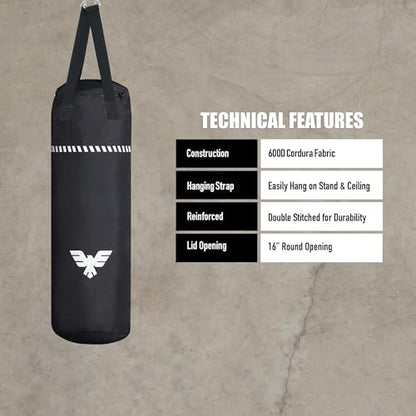 Elite Sports Boxing Bag 4 FT – Heavy Duty Canvas Punching Bag with Straps for Boxing, Training, MMA, Muay Thai, Kickboxing, Martial Arts & Fitness – UNFILLED Heavy Bag - color: Black