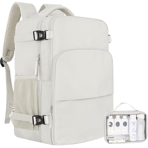 Sinaliy Travel Backpack for Women, Carry On Backpack Flight Approved, Personal Item Travel Bag with USB Charging Port, Casual Daypack College Bag Suitcase Backpack for Weekend, Fit 16 Inch Laptop - color: Beige, size: Large