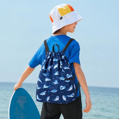 Children Boy Girl Ocean Shark Print Drawstring Backpack Outdoor Casaul Portable Shoulder Bag Swim Gymsack Sack Pack Dark Blue - color: Shark Dark Blue