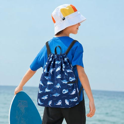 Children Boy Girl Ocean Shark Print Drawstring Backpack Outdoor Casaul Portable Shoulder Bag Swim Gymsack Sack Pack Dark Blue - color: Shark Dark Blue