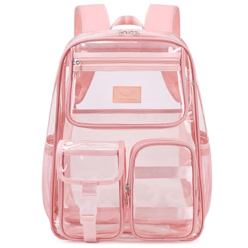 LXYGD Clear Backpack for School Stadium Approved Transparent Heavy Duty See Through College Bookbag Travel Work Daypack Security for Teens Girls Women Students (Pink) - color: Pink