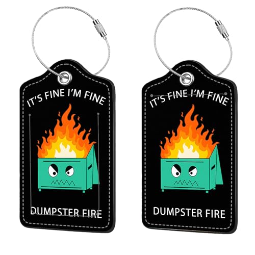 2 Pcs Luggage Tags for Suitcase, Cute Unique PU Leather Travel Bag Tag with Privacy Cover ID Label Address Card and Durable Metal Ring Suitable for Men Women Children Backpack,Dumpster fire - color: Dumpster Fire