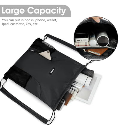 WANDF Drawstring Backpack, Gym String Bag with Shoulder Pad - color: M, Black, size: Medium
