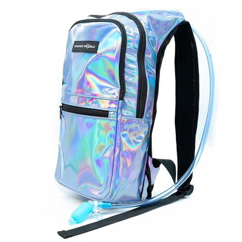 Kandies World Reflective Festival Hydration Pack - 2L Hydropack for Raves, Hiking, Biking, Running, and More (with Anti-Theft Pocket) - style: Blue Holographic