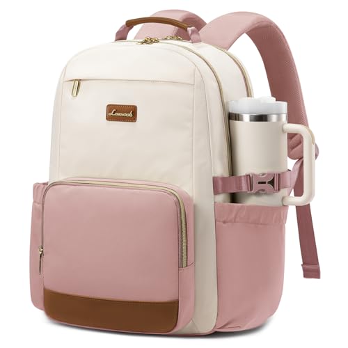 LOVEVOOK Laptop Backpack for Women with Pouch Pocket for Large Capacity Cup,15.6 Inch Teacher Nurse College Work Backpack Purse,Waterproof Laptop Bag Computer Back Pack for Travel, Beige-Pink-Brown - color: Beige - Pink - Dark Brown, size: 15.6 Inch