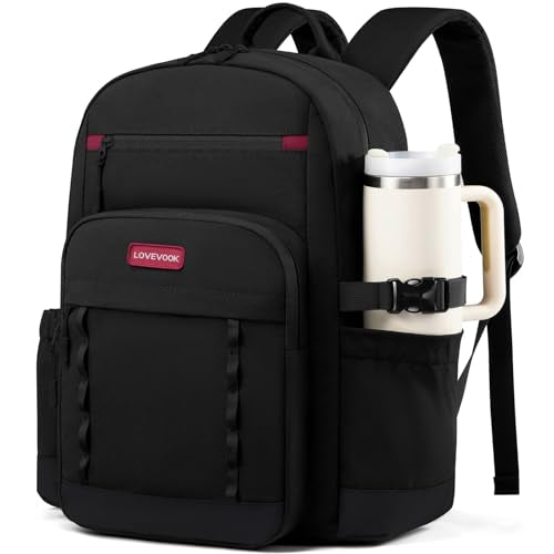 LOVEVOOK Laptop Backpack for Women with Large Cup Holder,15.6 Inch DIY Design Travel Work Backpack Computer Laptop Bag,Waterproof Nurse Teacher College Backpack Purse,Gifts for Women Men, Black-Red - color: Black - Deep Red, size: 15.6 Inch