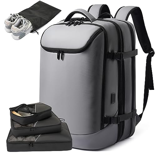 TANGCORLE Laptop Backpack for Women, 50L Carry On Backpack Men, Expandable Flight Approved Water Resistant Luggage with 3 Packing Cubes & USB Port, Travel Backpack Fits 17.3 Inch Notebook - color: Grey-b50l