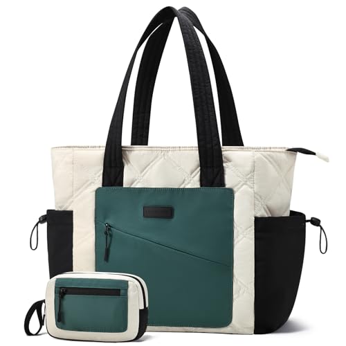 LOVEVOOK Tote Bag for Women, puffer tote bag for Work Travel Nurse, Lightweight quilted Bags with Compartments - color: M-15.6 Inch-cream-teal