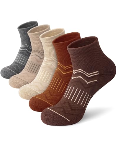 iCamter 5 Pairs Merino Wool Hiking Socks for Women Men Thick Cushion Quarter Ankle Athletic Running Socks