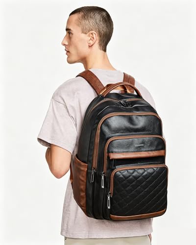 Bluome Work Backpack for Women Men, Laptop Vegan Leather Backpack Purse with 15.6–17 Inch Laptop, Multi-Pocket Bookbag for Office Travel Gym Weekend Overnight Bag, Black&Brown - color: Black&brown