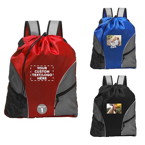DISCOUNT PROMOS Custom Sporter Drawstring Backpacks Set of 1, Personalized Text, Logo, and Image - Cinch Bag, Gym Bag, Travel Backpack, Compact and Lightweight, Unisex Backpack - Red - color: - Custom - Red, size: 1 drawstring bag