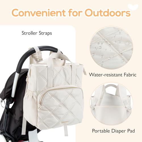 mommore Quilted Diaper Bag Backpack, Small Baby Bags, Lightweight Mini Diaper Backpack for Travel, with Insulated Pockets, Changing Pad (Beige) - color: Top Handle-beige
