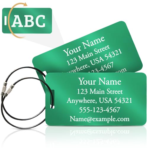 Personalized Aluminum Luggage Tags – Permanent Laser Engraved Metal Suitcase Tags for Travel – Custom Name & Contact ID for Checked Bags & Carry On – Set of 2 (Green) - color: Green