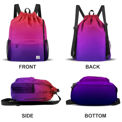 Drawstring Backpack with Mesh Pockets String Gym Bag Sackpack Sandproof Water Resistant Beach Backpack for Men Women - color: Gradient Purple