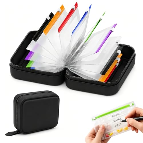 Waterproof Pill Pouch Set-14pcs Bags Inside,Pill Organizer Binder-Coded Pouches,Leakproof Reusable Zippered Storage Case,Air Tight Pocket Color - Coded Reusable Travel Storage System (Black) - color: Black
