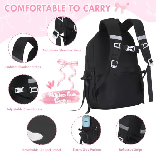 Kids Backpack for Girls - 3PCS Cute Embroidered Bow Girls Backpack with Insulated Lunch Bag & Pencil Case - Bookbag for Teen Women Middle High School College Work Travel Daypack - color: Black
