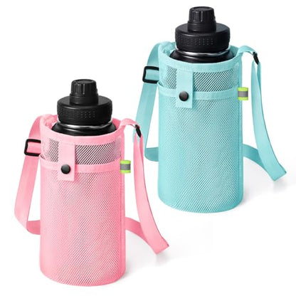 BINSUNS 2 Pcs Large Water Bottle Bag with Strap, Mesh Water Bottle Carrier Holder Crossbody Water Sling Bag Shoulder Strap and Pocket - Walking Sports Hiking Camping (Pink+Light Blue) - color: Pink+Light Blue, size: 2 Pcs-Large