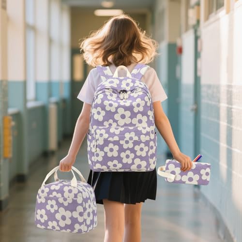 Bluboon School Backpack Set Girls Womens Laptop Bookbag Casual Daypack Fits 15 inch Laptop with Lunch Tote Bag and Pencil Bag - color: Beige Floral / Purple Base