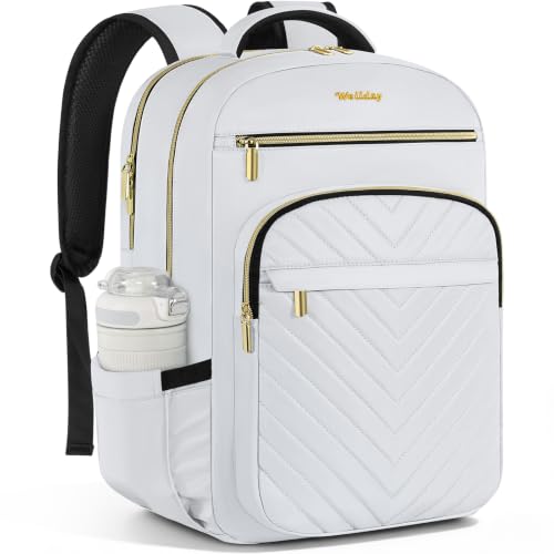 Laptop Backpack for Women with Cup Pocket, 15.6in Travel Work Purse Bookbag for Teacher Nurse, Large-Capacity 28L College Back Pack, Water Resistant Computer Business Bag, White - color: White, size: 15.6in