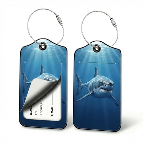 Cool Shark Luggage Tags for Suitcases, 2 Pack PU Leather Ocean Bag Tags | Privacy flap hides address card, steel wire loop fits surf totes, beach bags, swim bags, dive gear, boat days and shark fans - color: Shark Design