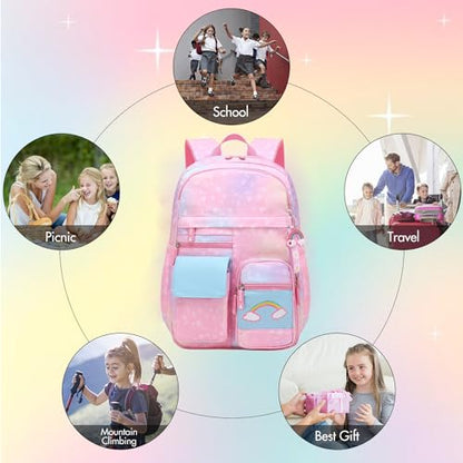 School Backpack for Girls Rainbow Cute Kids Backpack for Back to School Laptop Travel Bag With pencil Case (Pink set) - color: Pink Set