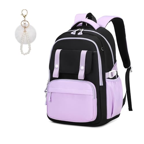 MUSEVOS Girls Backpack, Ideal School Backpack for Girls from Elementary to Teen Years, Kawaii Bookbag Cute Large Capacity (BLACK&PURPLE) - color: Black&purple