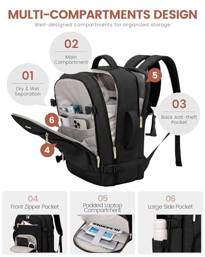 LOVEVOOK Carry on Backpack, 50L Large Travel Backpack for Airplanes, TSA Personal Item Travel Bag, Waterproof Daypack Fits 18 Inch Laptop, Business Weekender Overnight With 3 Packing Cubes, Black - color: Black, size: 50l-18 Inch-4pcs Standard